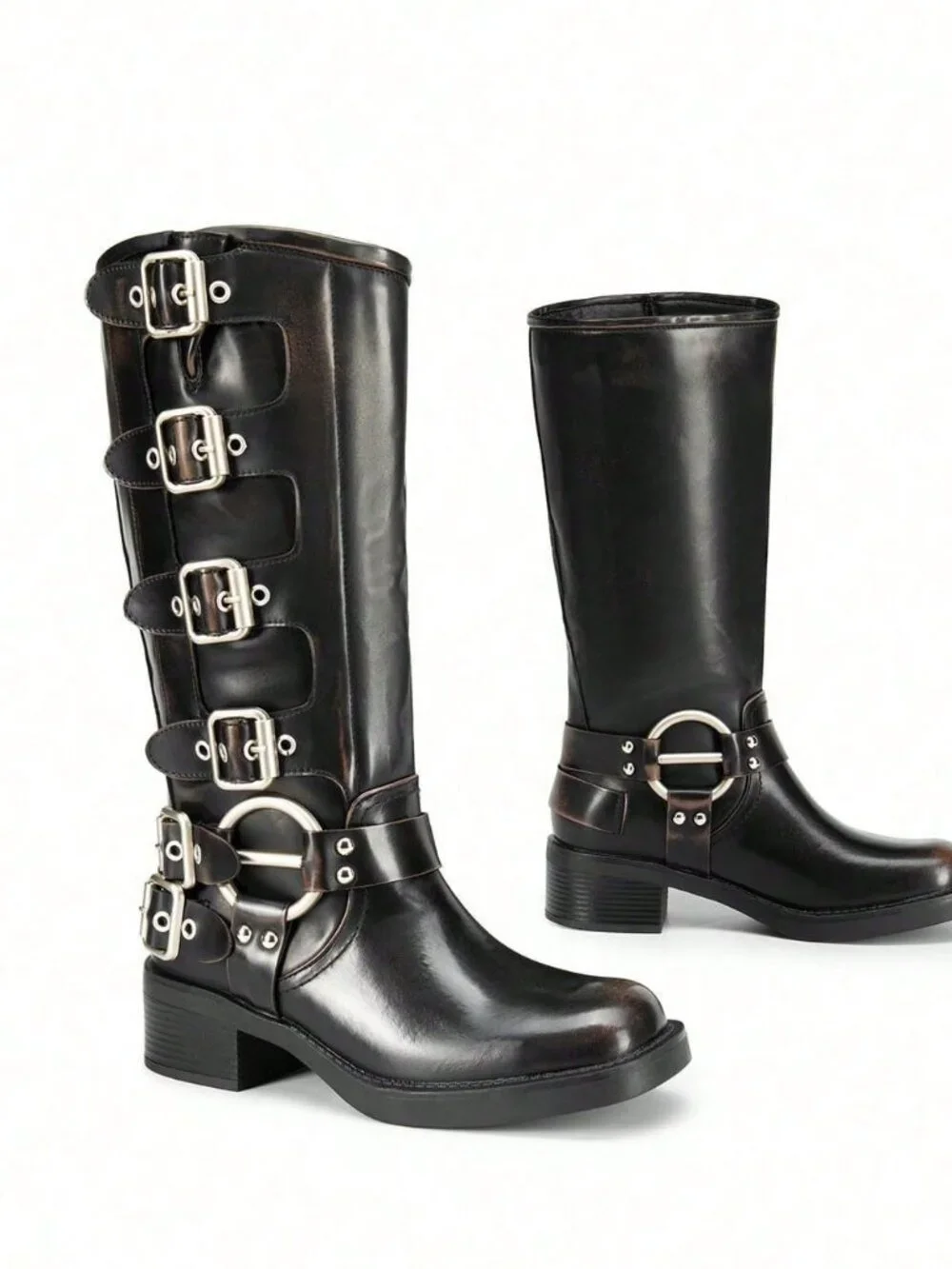 Sexy Women's Slip On Square Toe Chunky Heel Classic Metallic Buckles Motorcycle